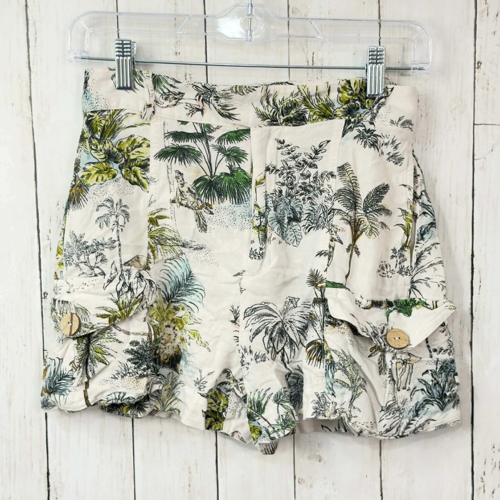 ZARA Women's Ivory Tropical Palm Print High Waist Cargo Shorts Size XS
